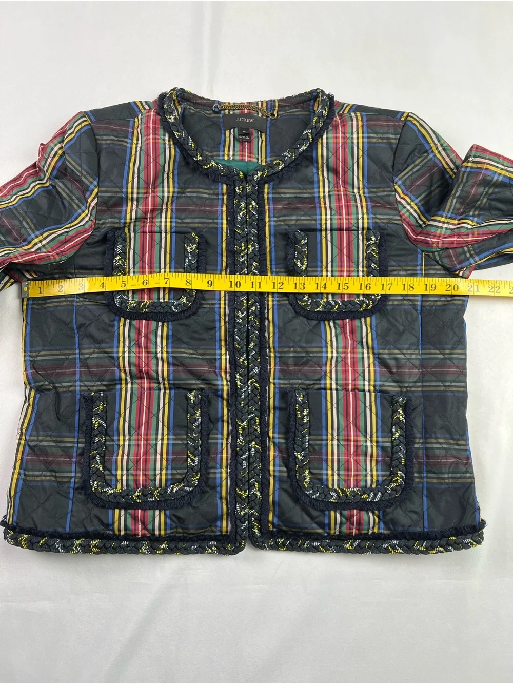 J. Crew Quilted Lady Stewart Tartan Plaid with Braided Trim Collarless Jacket